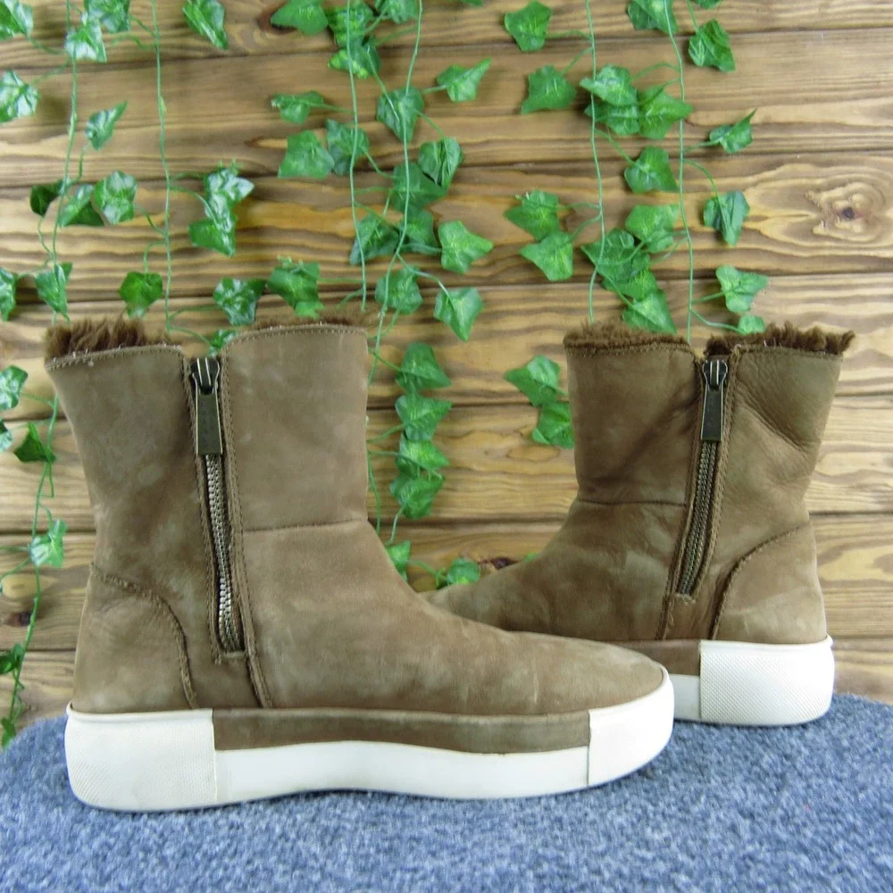 J Slides‎ NYC Tan Suede Platform Ankle Boots Women Size 6 Faux Fur Lined Zip Up